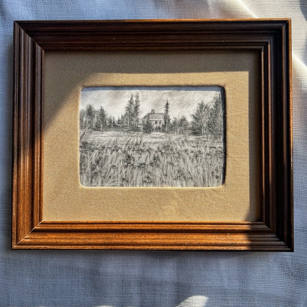 “The Quiet Meadow House” Elegant Brown Framed Landscape Sketch